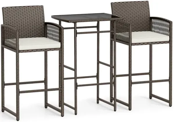 3 Piece Patio Bar Set,Outdoor Wicker Bar Height Table and Armchairs with 2 Seat Cushions