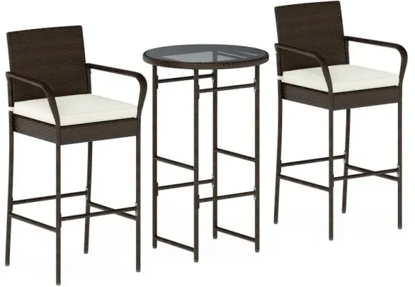 3 Piece Outdoor Bar Set with 2 Seat Cushions for Porch Yard