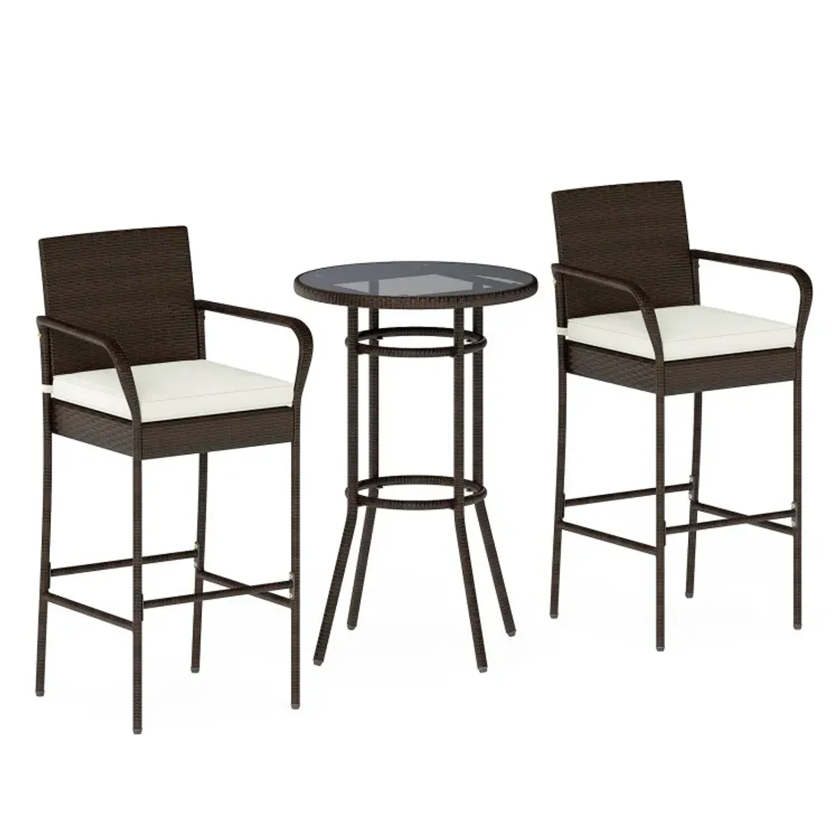 Patio Rattan Bar Height Table and Chairs with 2 Seat Cushions for Porch