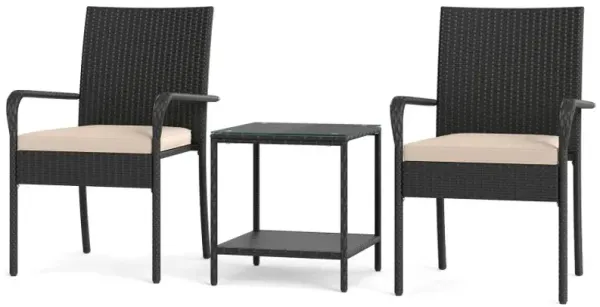 3 Piece Patio Furniture Set with Seat Cushions and Tempered Glass Tabletop