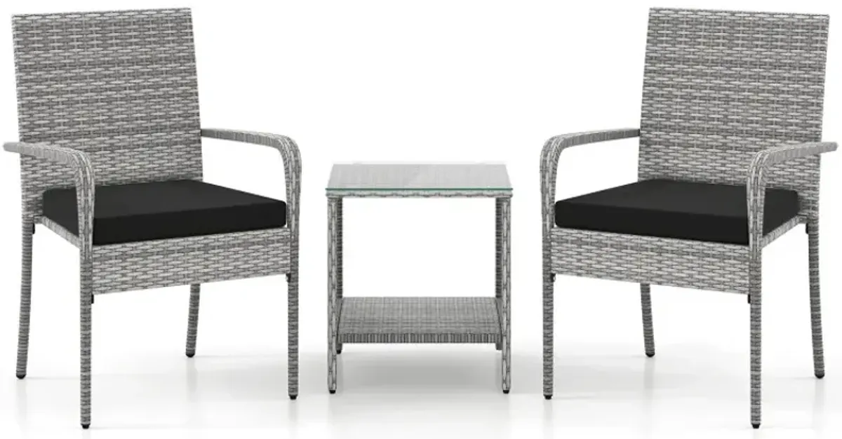 3 Piece Patio Furniture Set with Seat Cushions and Tempered Glass Tabletop for Balcony