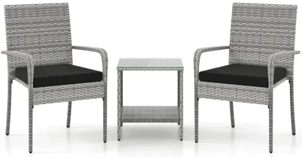3 Piece Patio Furniture Set with Seat Cushions and Tempered Glass Tabletop for Balcony
