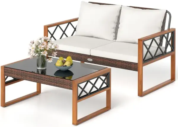 2 Pieces Patio PE Wicker Furniture Set Outside Conversation Set for Porch