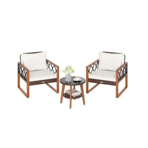 3 Pieces Patio Furniture Set with Tempered Glass Top Table and Soft Cushions