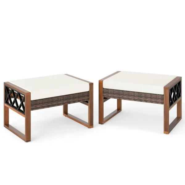 PE Rattan Wicker Ottomans Set of 2 with Removable Cushions