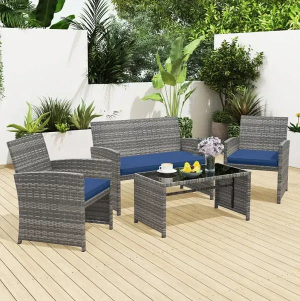 4 Piece Patio Conversation Set Rattan Chair Loveseat and Table Set