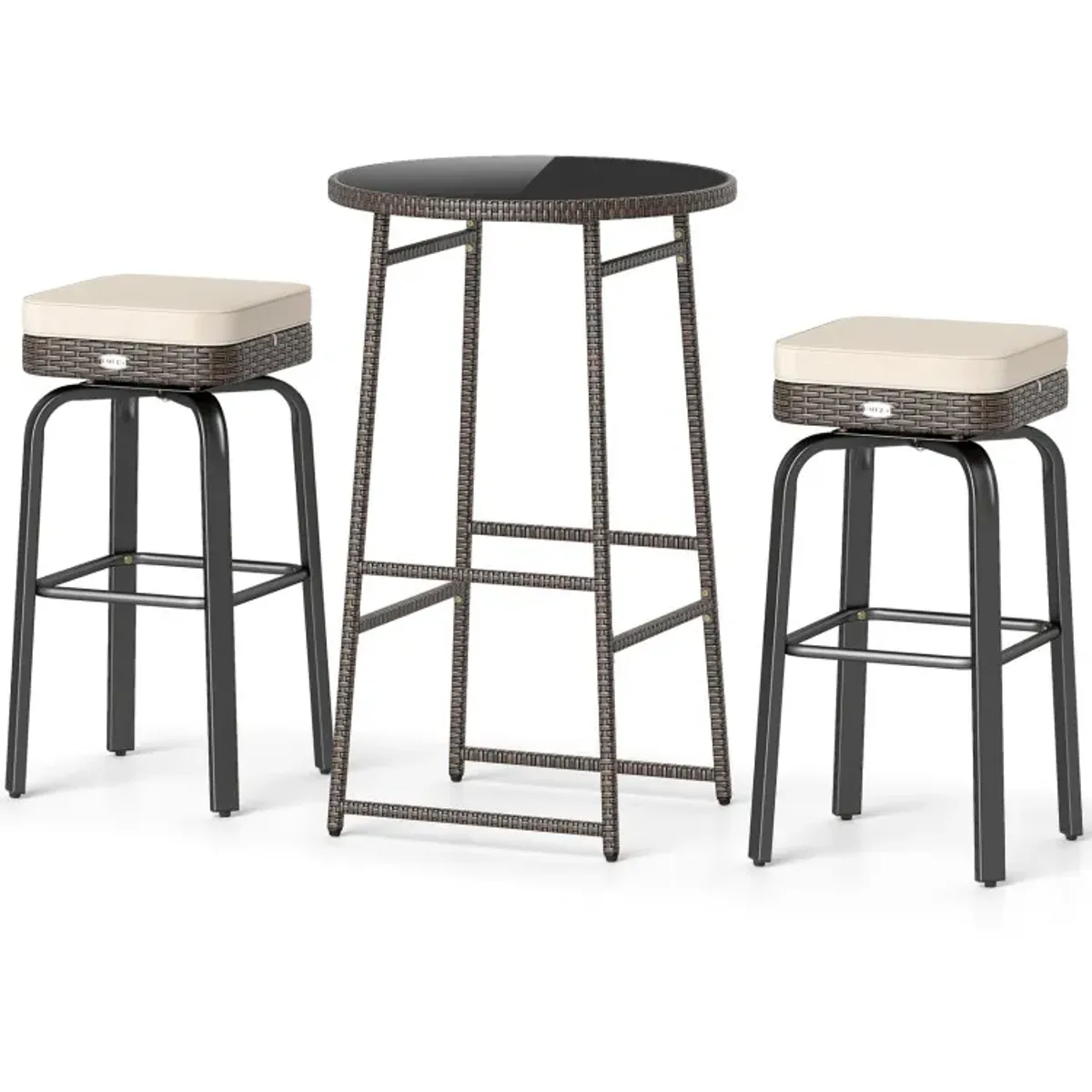 3 Pieces Outdoor Swivel Bar Set PE Rattan Bar Height Table with 2 Chairs