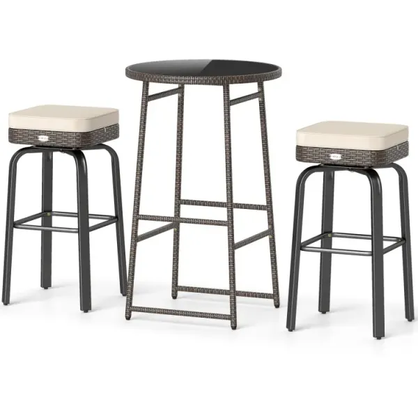 3 Pieces Outdoor Swivel Bar Set PE Rattan Bar Height Table with 2 Chairs