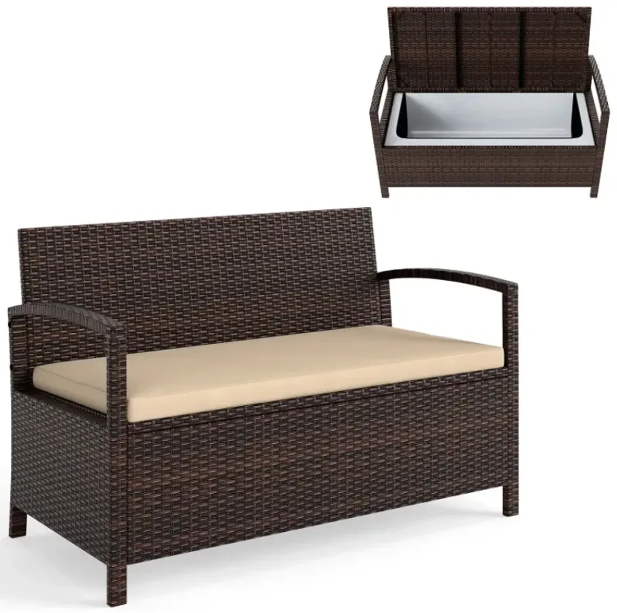 Outdoor PE Wicker Storage Bench 2 Seater with Cushion and 42 Gallon Deck Box