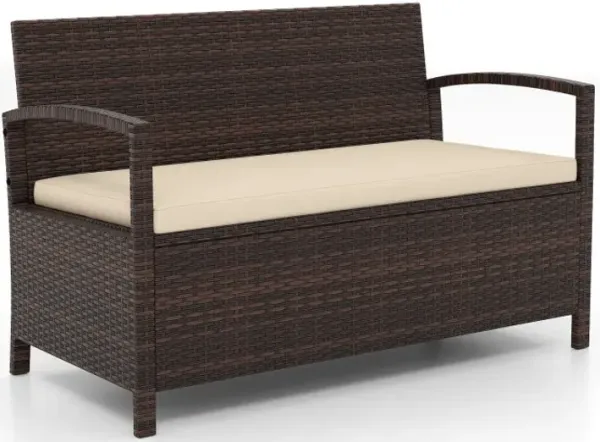 Outdoor PE Wicker Storage Bench 2 Seater with Cushion and 42 Gallon Deck Box