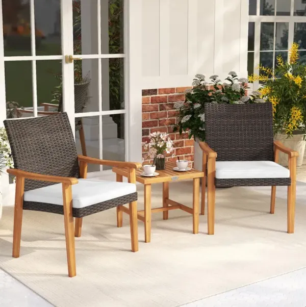 3 Pieces Patio PE Wicker Furniture Set Acacia Wood Outdoor Conversation Bistro Set