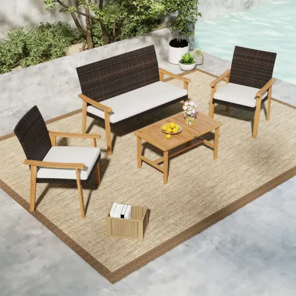 4 Piece Patio Furniture Set PE Rattan Porch Chairs with Acacia Wood Coffee Table and Soft Cushions