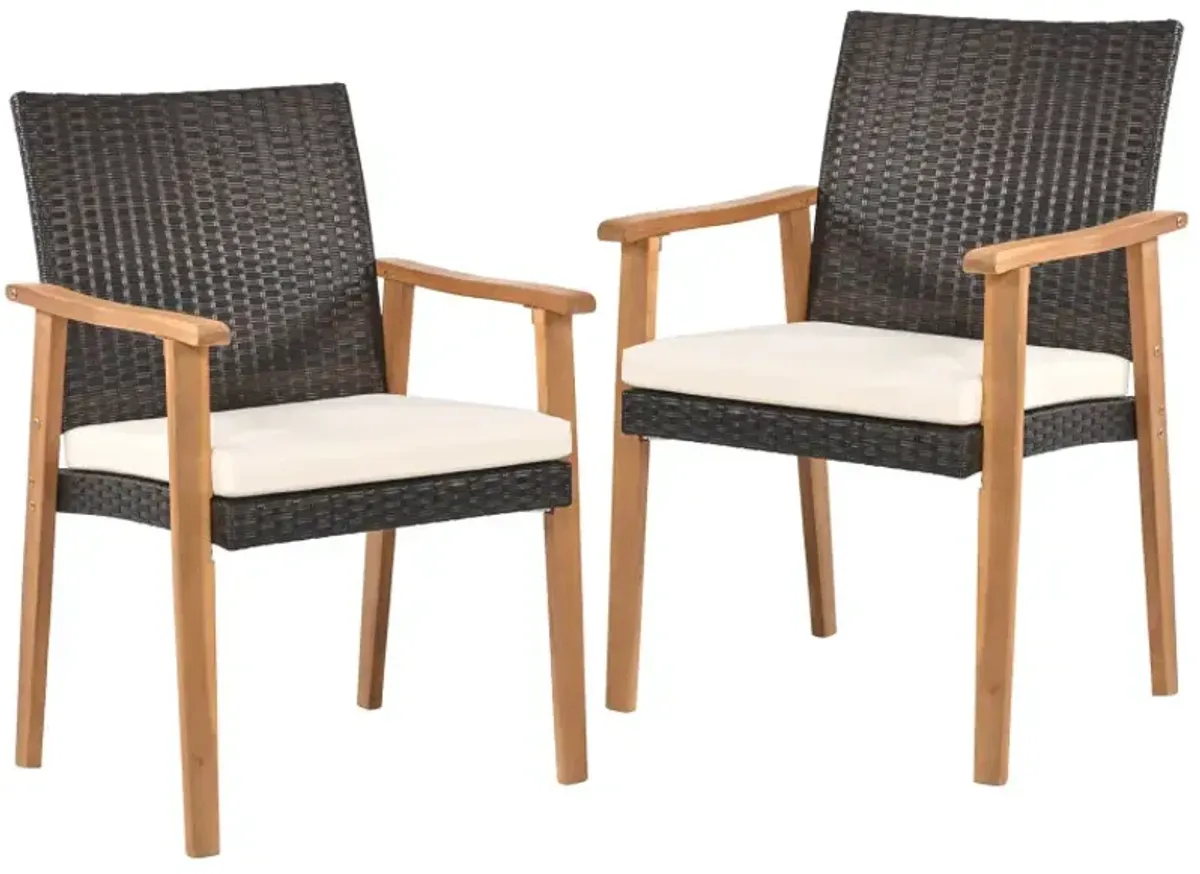 PE Rattan Outdoor Patio Dining Chair Set of 2 with Removable Cushion and Acacia Wood Armrests