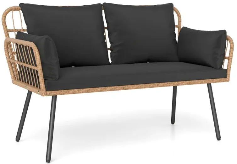 Outdoor Rattan 2-Seat Chair with Seat Back Cushions and Heavy-Duty Metal Legs