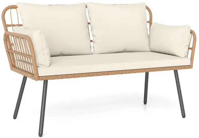 Outdoor Rattan 2-Seat Chair with Seat Back Cushions and Heavy-Duty Metal Legs