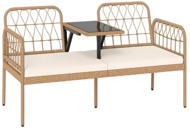 2-Seat PE Rattan Outdoor Loveseat with Built-in Coffee Table and Soft Cushions