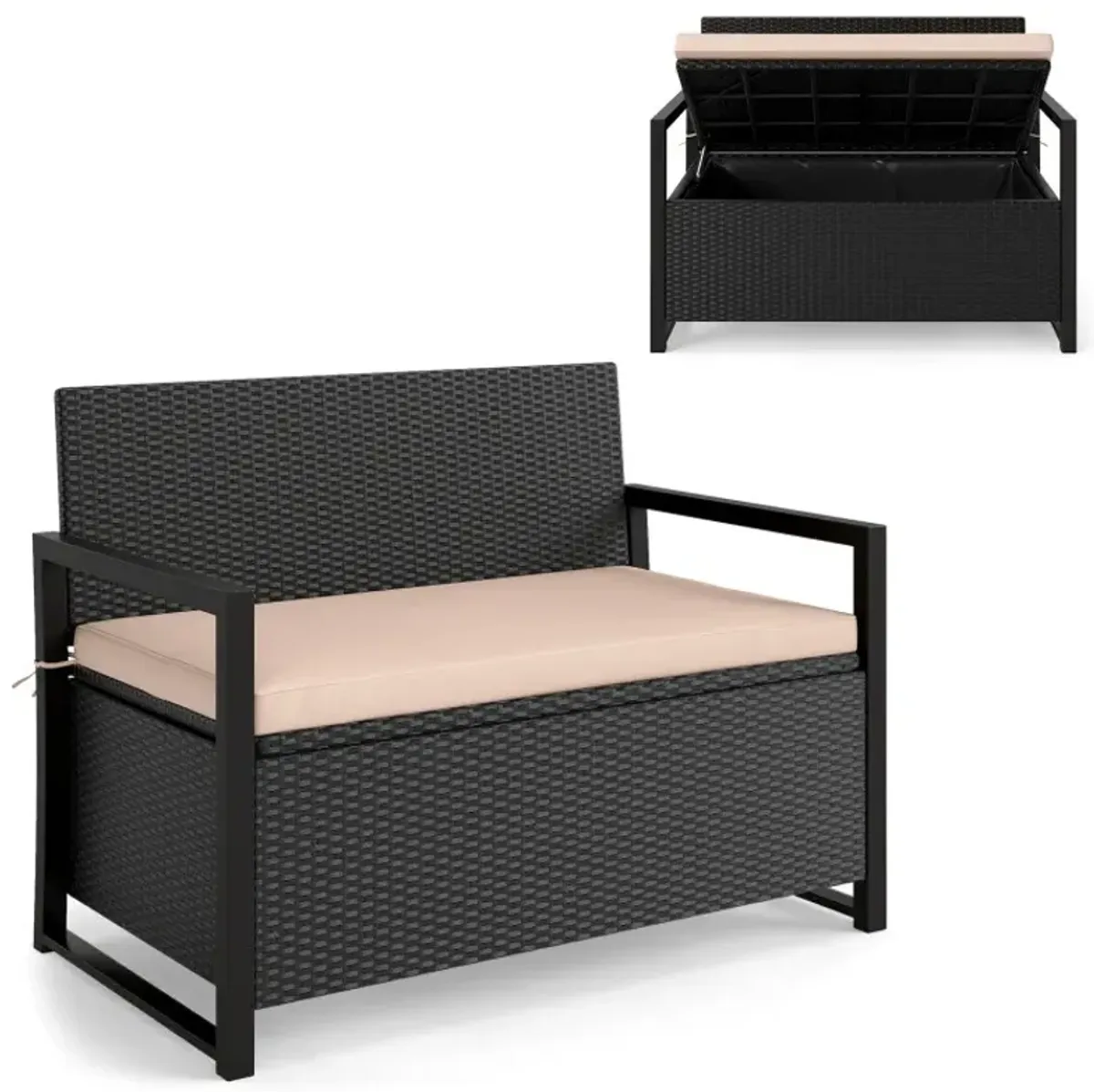 Patio Storage Bench Outdoor Wicker Loveseat with Built-in Storage