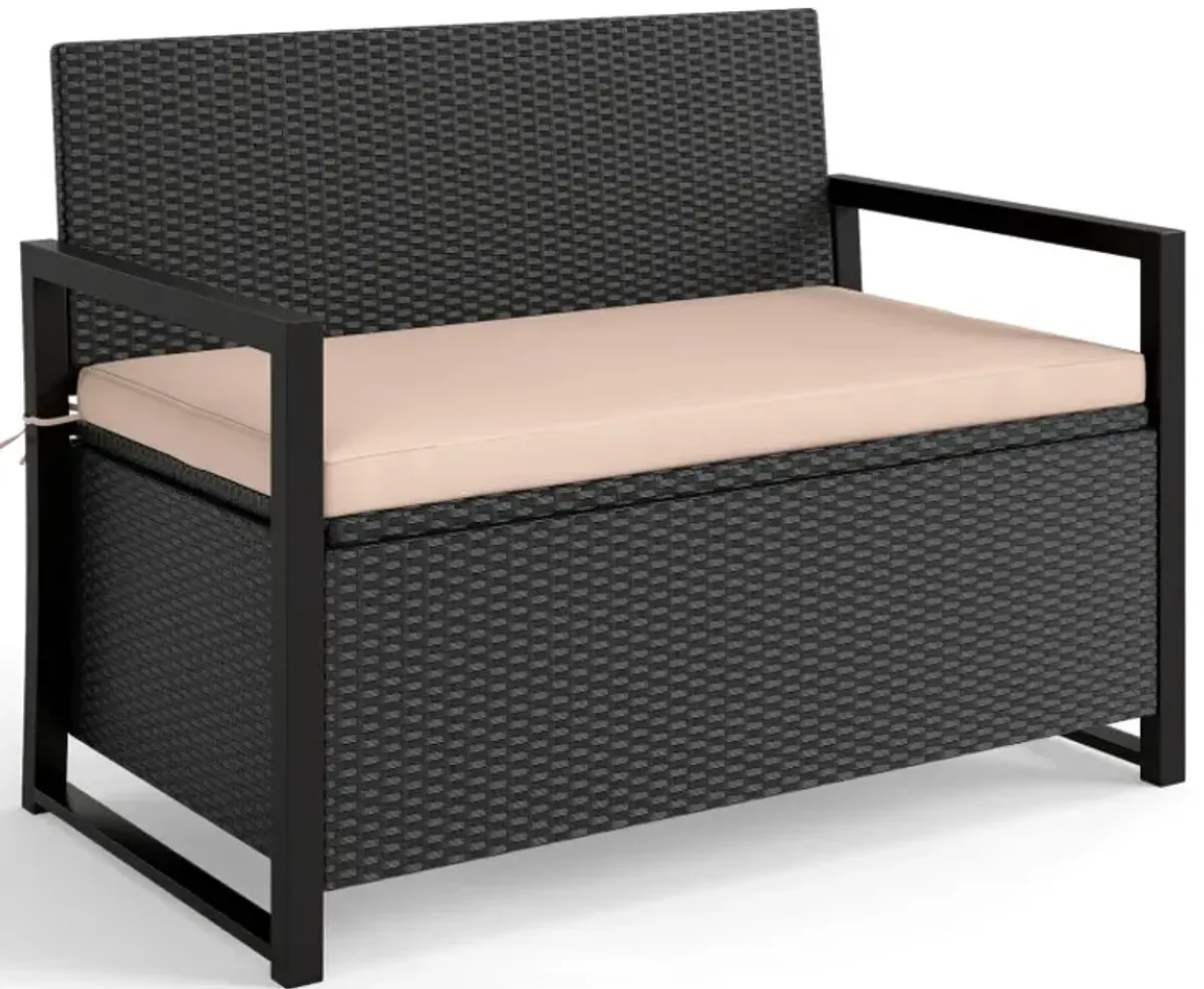 Patio Storage Bench Outdoor Wicker Loveseat with Built-in Storage