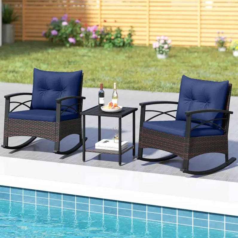 3 Piece Rocking Bistro Set PE Rattan Rocker Chairs with Acacia Wood Top Table