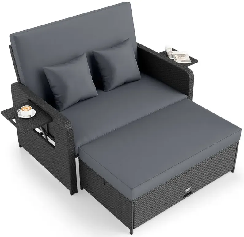 PE Wicker Outdoor Daybed with 4-Level Adjustable Backrest and Storage Ottoman