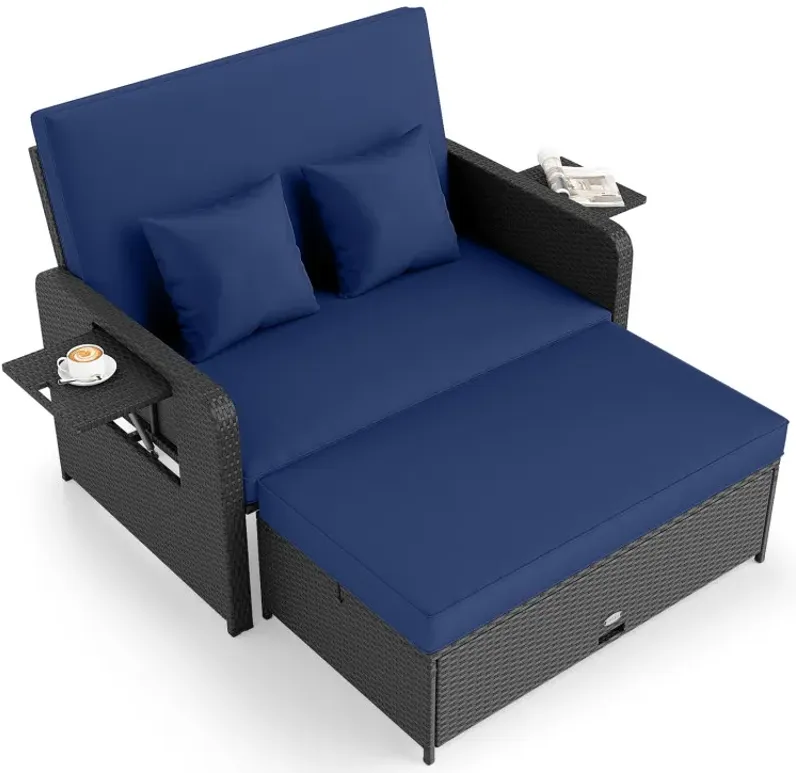 PE Wicker Outdoor Daybed with 4-Level Adjustable Backrest and Storage Ottoman