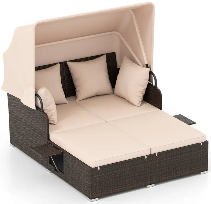 Outdoor Patio Rattan Daybed with Retractable Canopy and Side Tables