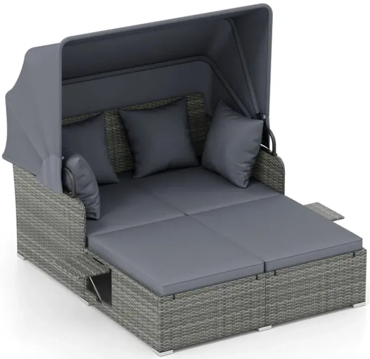 Patio Rattan Daybed with Retractable Canopy and Side Tables