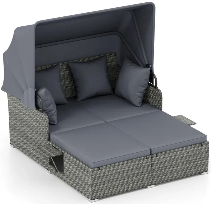 Patio Rattan Daybed with Retractable Canopy and Side Tables