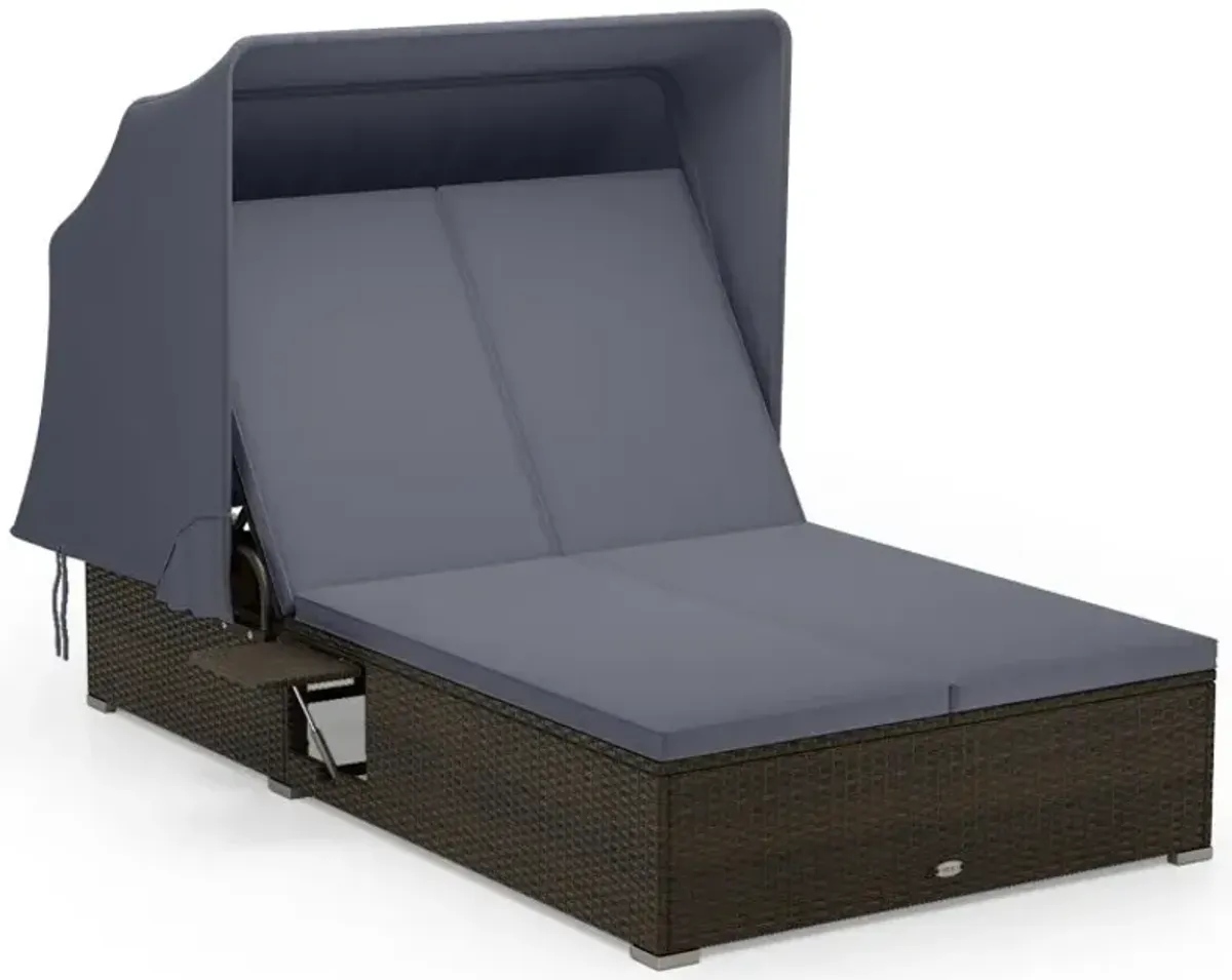 Patio Double Chaise Lounge with Shade Cushions and Folding Side Trays