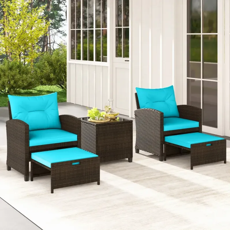 5 Pieces Patio Rattan Furniture with 2 Ottomans and Tempered Glass Coffee Table