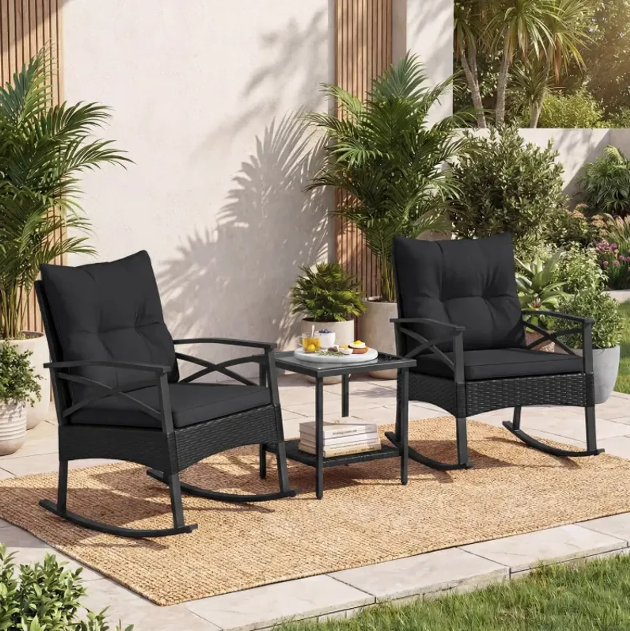3 Pieces Outdoor Rattan Rocking Chairs Set with 2-Tier Side Table for ...
