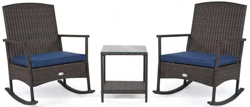 3 Piece Patio Rocking Set Wicker Rocking Chairs with 2-Tier Coffee Table