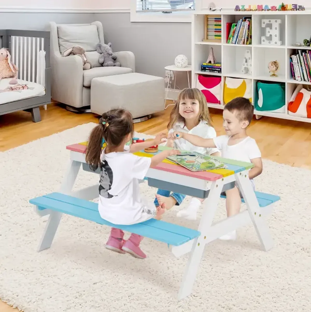 3-in-1 Kids Outdoor Picnic Water Sand Table with Removable Umbrella and Boxes