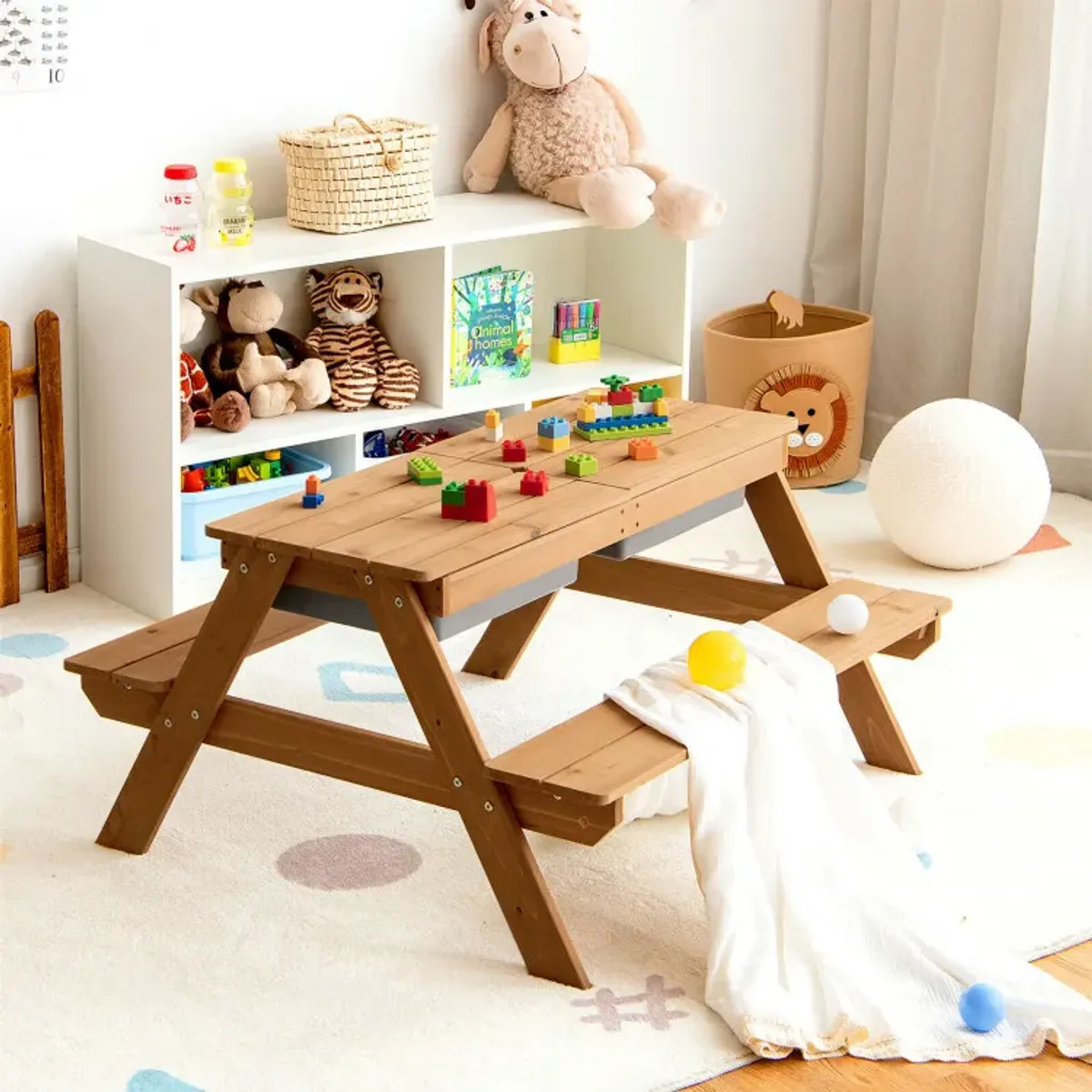 3-in-1 Kids Outdoor Picnic Water Sand Table with Removable Umbrella and Boxes