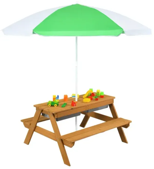 3-in-1 Kids Outdoor Picnic Water Sand Table with Removable Umbrella and Boxes