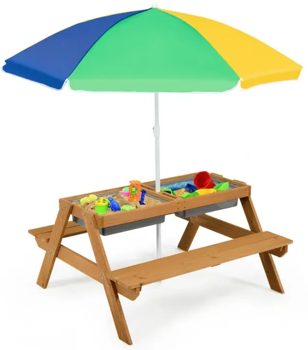 3-in-1 Kids Outdoor Picnic Water Sand Table with Removable Umbrella and Boxes