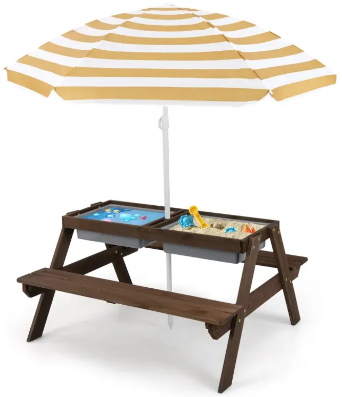 3-in-1 Kids Outdoor Picnic Water Sand Table with Removable Umbrella and Boxes