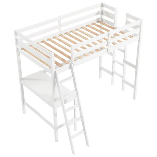 Twin Size Loft Bed Frame with Desk Angled and Built-in Ladder