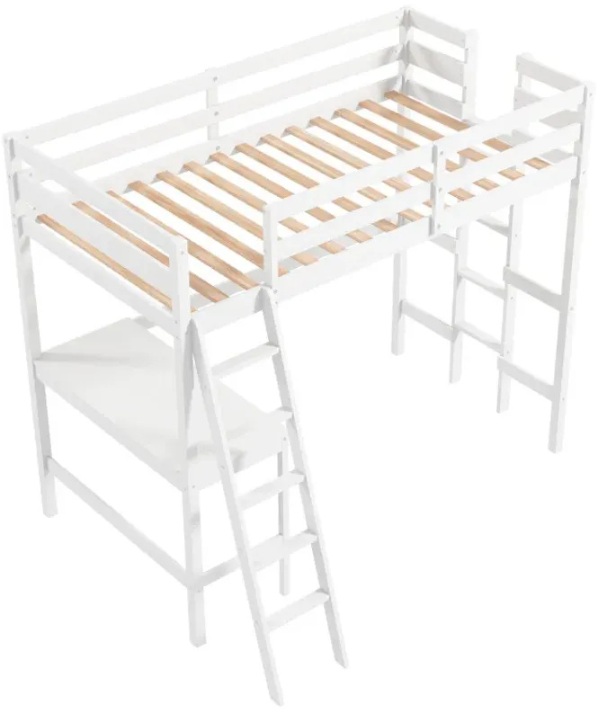 Twin Size Loft Bed Frame with Desk Angled and Built-in Ladder