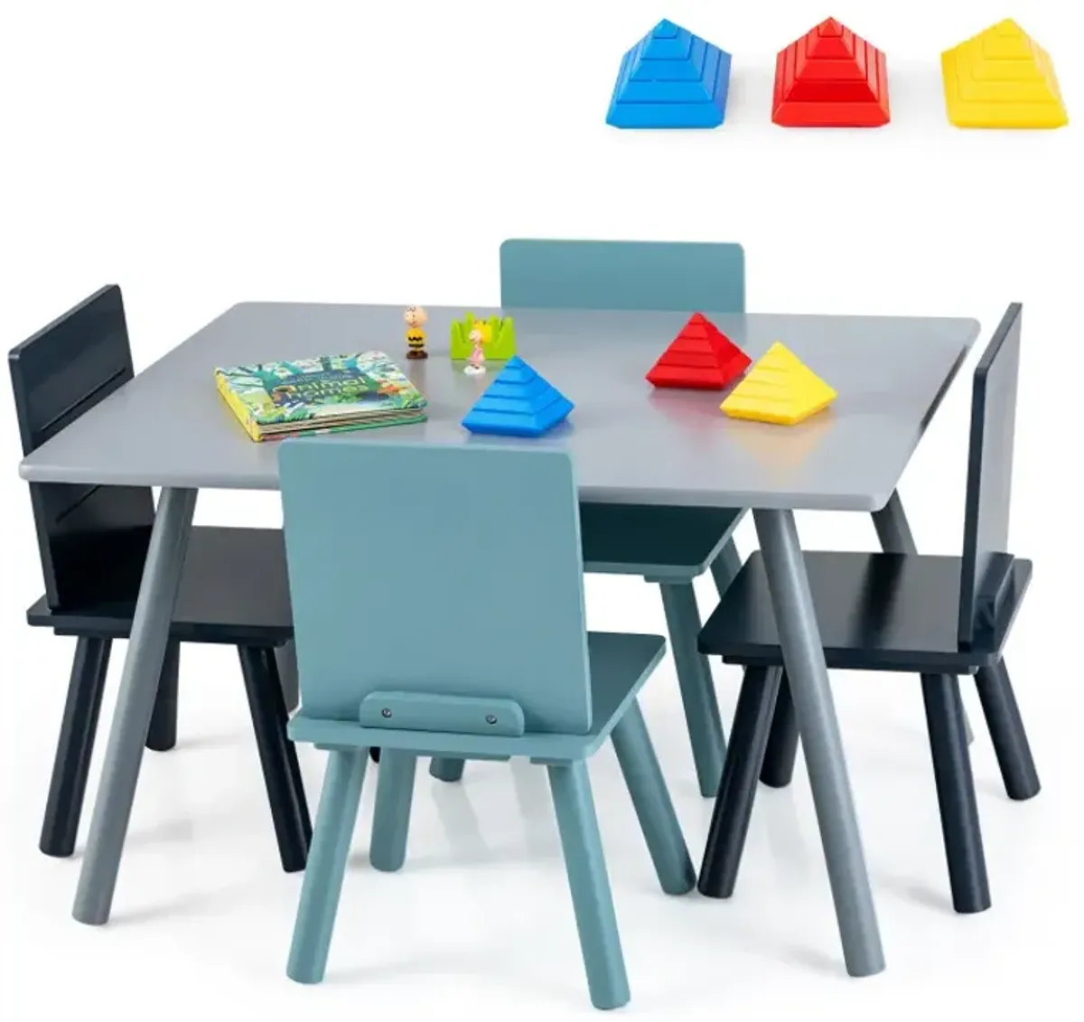 5 Pieces Kids Wooden Activity Play Furniture Set with Building Blocks