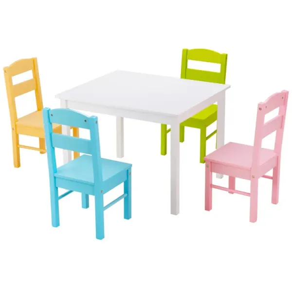 Kids 5 Pieces Table and Chair Set Wooden Children Activity Playroom Furniture Gift