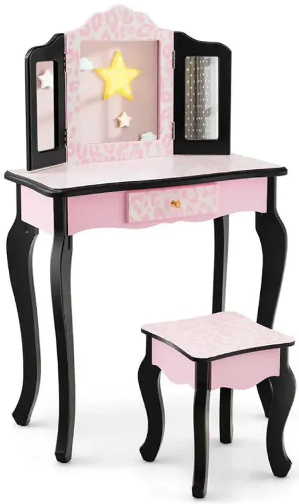 Kid Vanity Set with Tri-Folding Mirror and Leopard Print