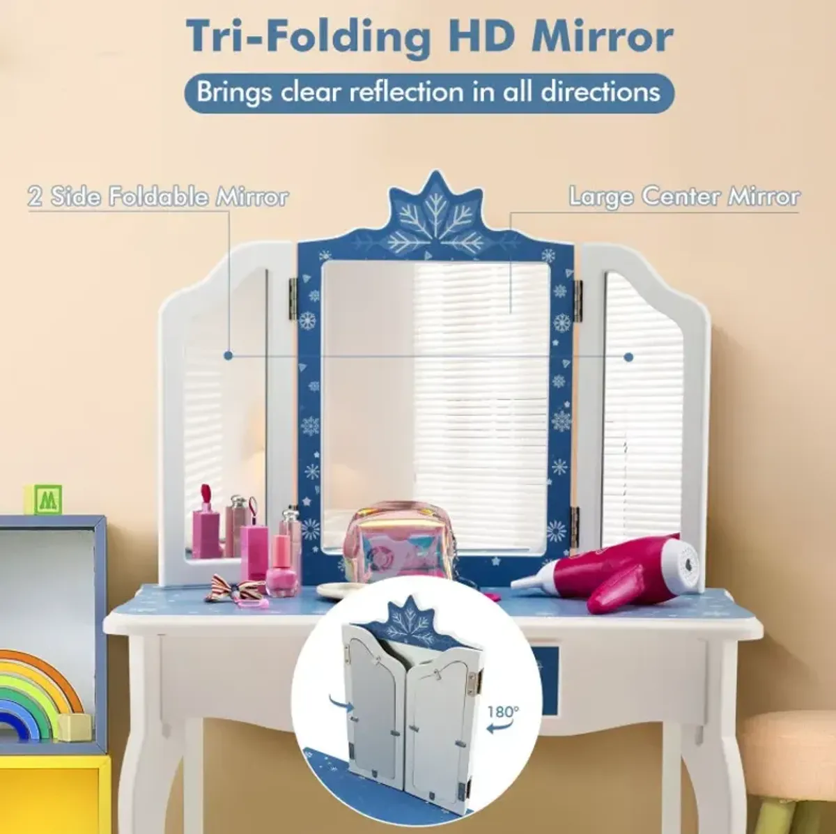 Princess Vanity Table and Chair Set with Tri-Folding Mirror and Snowflake Print