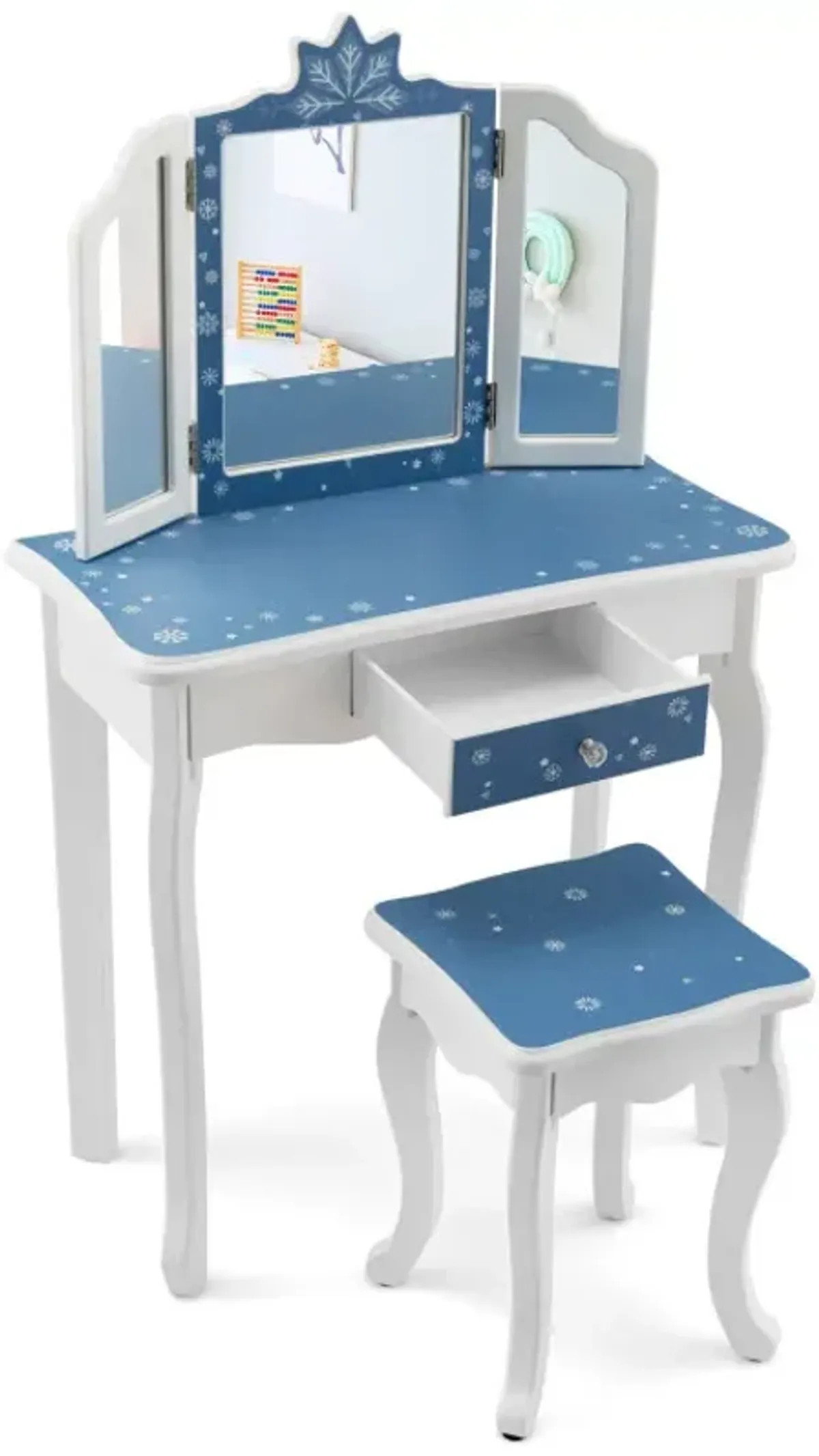 Princess Vanity Table and Chair Set with Tri-Folding Mirror and Snowflake Print