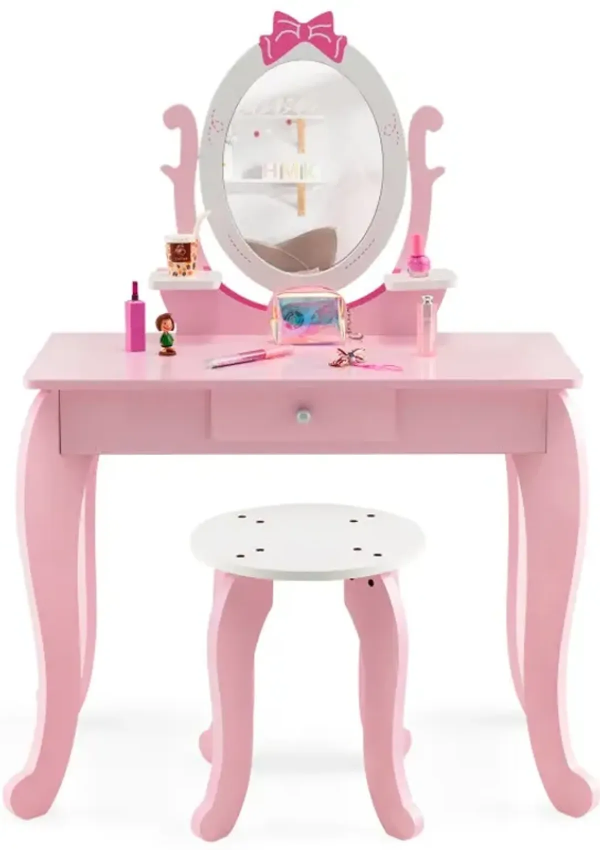 Kid Vanity Table Stool Set with Oval Rotatable Mirror