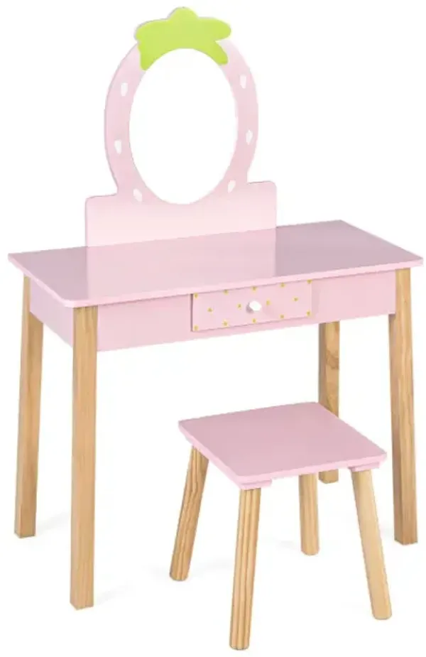 2-in-1 Children Vanity Table Stool Set with Mirror
