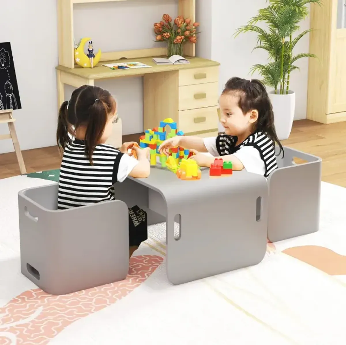 3 Pieces Kids Wooden Table and Chair Set