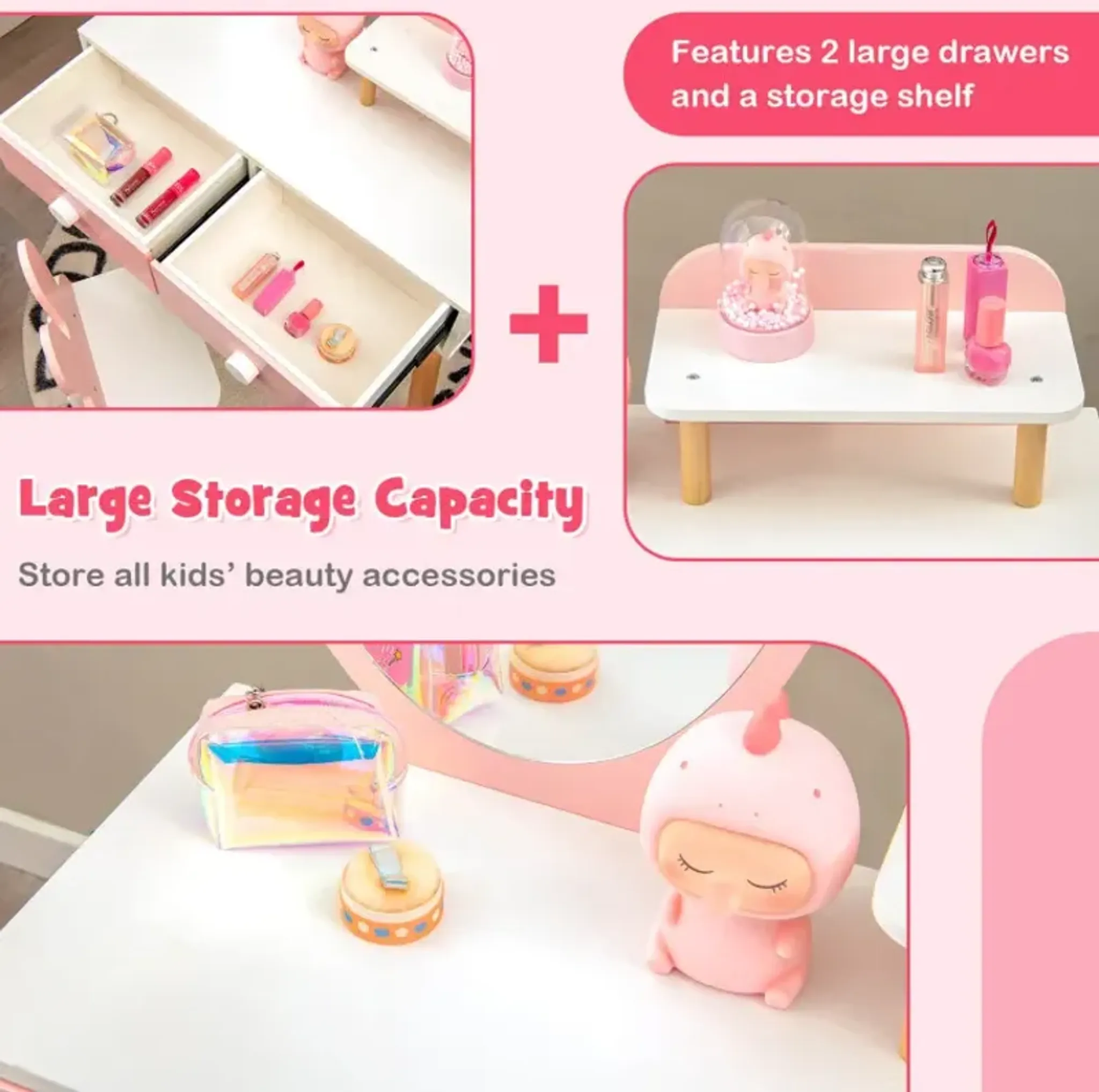 Kids Vanity Table And Chair Set With Drawer Shelf And Rabbit Mirror ...