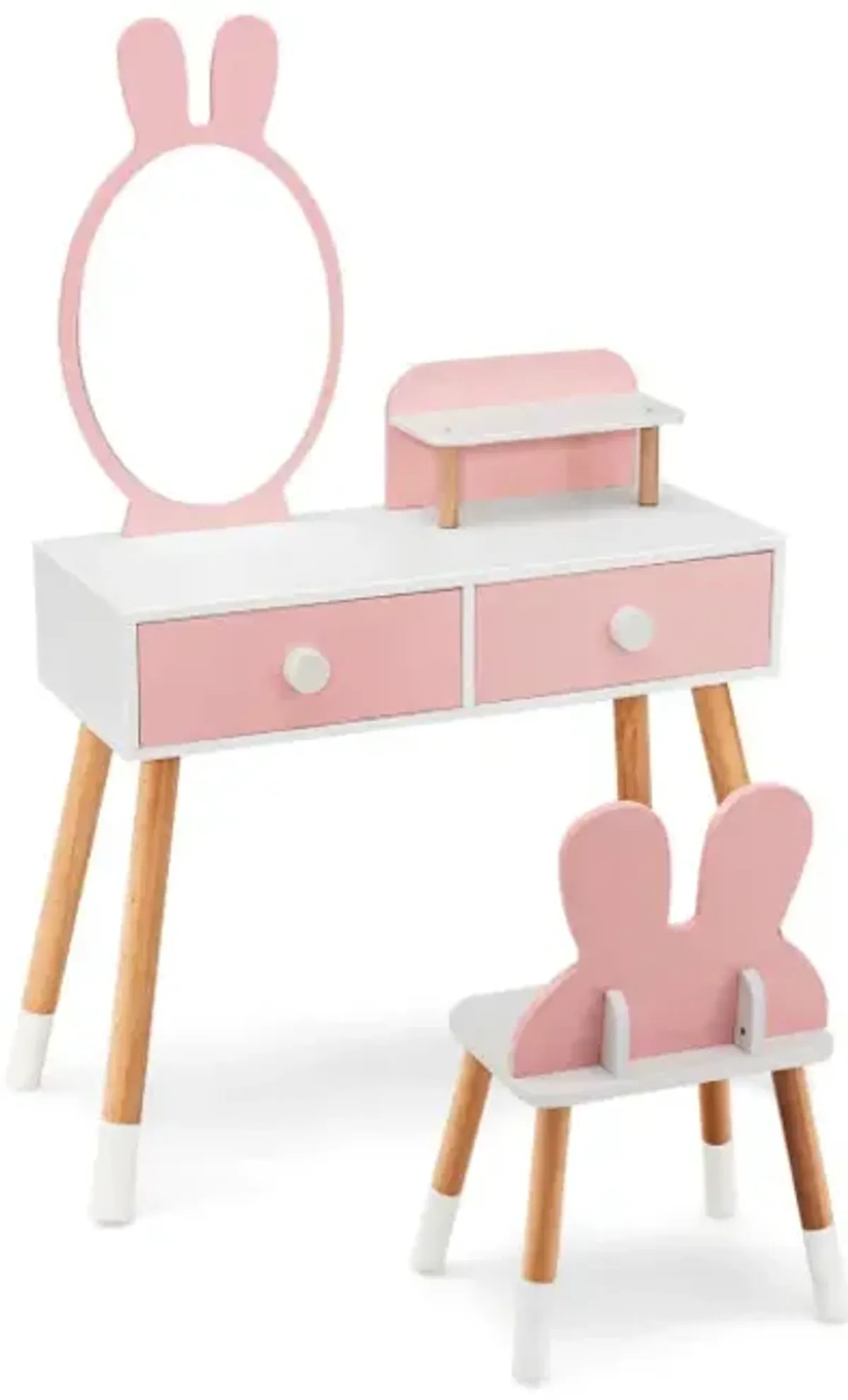Kids Vanity Table and Chair Set with Drawer Shelf and Rabbit Mirror