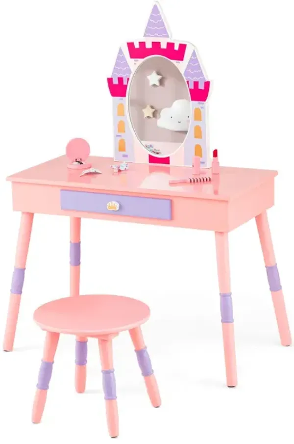 Kids Princess Vanity Table and Stool Set with Drawer and Mirror
